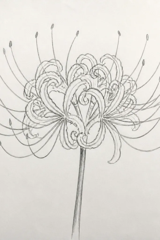 A spider lily bloom drawn entirely with graphite. The petals are tapered and layered with gentle smudged shading. The center has a darker graphite cluster, and the stamens look airy with lighter pencil strokes.