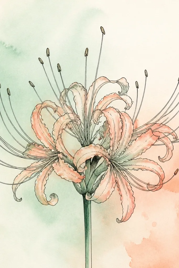 Black fineliner spider lily linework over a pale watercolor wash. The background is a soft mint-green and light peach gradient that fades outward. Petal overlaps have tiny watercolor blooms, and the stamens are inked crisp.