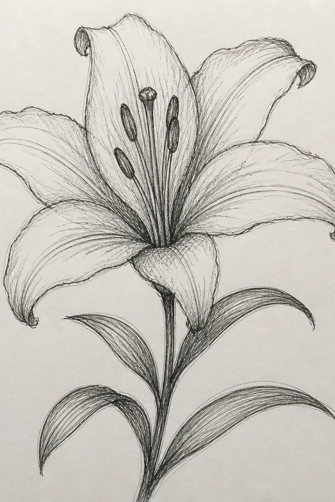 A spider lily drawn in black ink with visible cross-hatching. Petals have diagonal hatch marks that get denser where petals overlap. The center has a dark cluster, and the stamens are thin ink lines radiating outward.