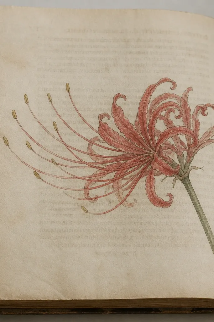 A spider lily drawn sideways on a page from an old book. The petals arc toward the viewer, with foreshortened stamens. The background shows faint printed text beneath the sketch lines.