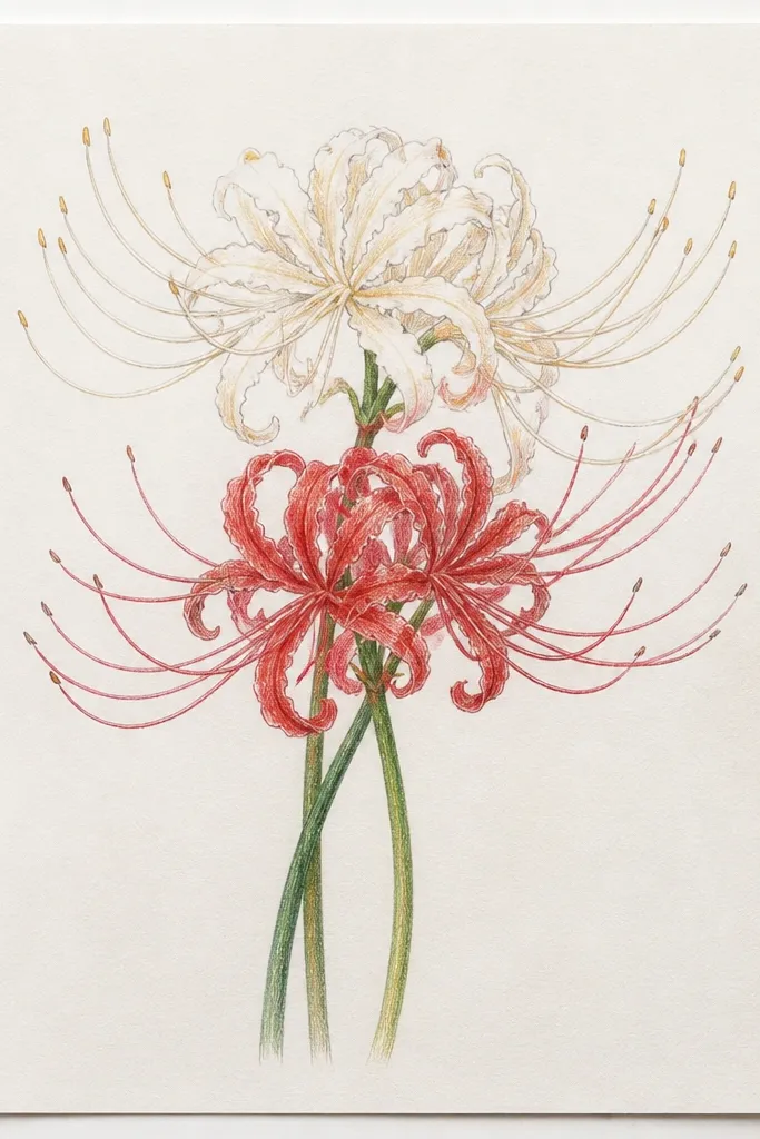 Two spider lilies overlap and interlace in a bouquet composition. One flower sits slightly higher, petals cross between them, and the stamens overlap into a textured center mass.