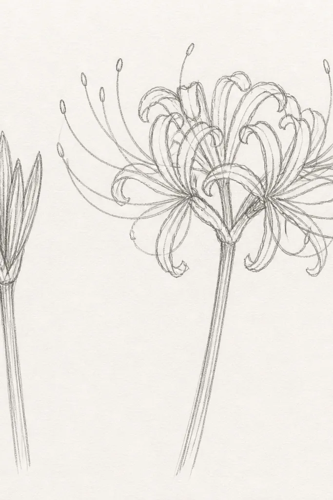 A composition with one closed spider lily bud at the top and one open bloom below. The bud petals are tight and rounded, while the open bloom has long strap petals and a fan of stamens.