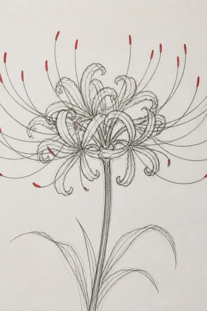 A mostly black-and-grey spider lily sketch with crisp outlines. The tips of several petals have small red watercolor stains, and the center has a faint warm blush. Stamens are inked in grey-black lines.