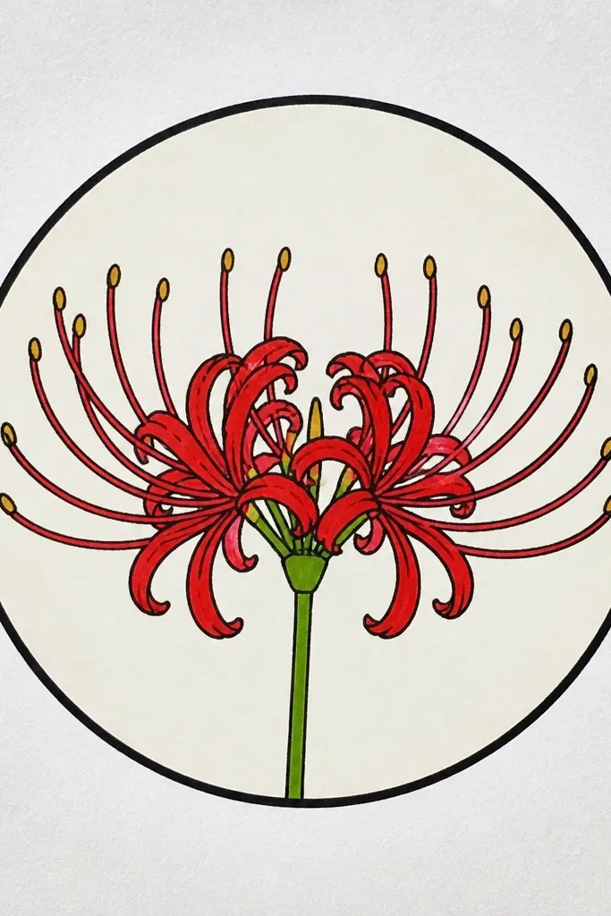 A spider lily inside a clean circle border. The petals are inked with bold outlines, stamens are crisp, and the background inside the circle is plain white or lightly tinted grey.