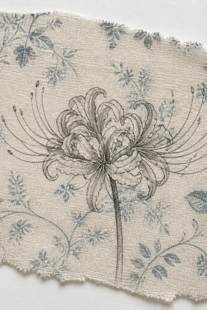 A spider lily drawn on a patterned fabric scrap. The petals are outlined in black fine marker, with grey pencil shading. The stamens are drawn as thin lines, and the background fabric pattern is still visible around the flower.