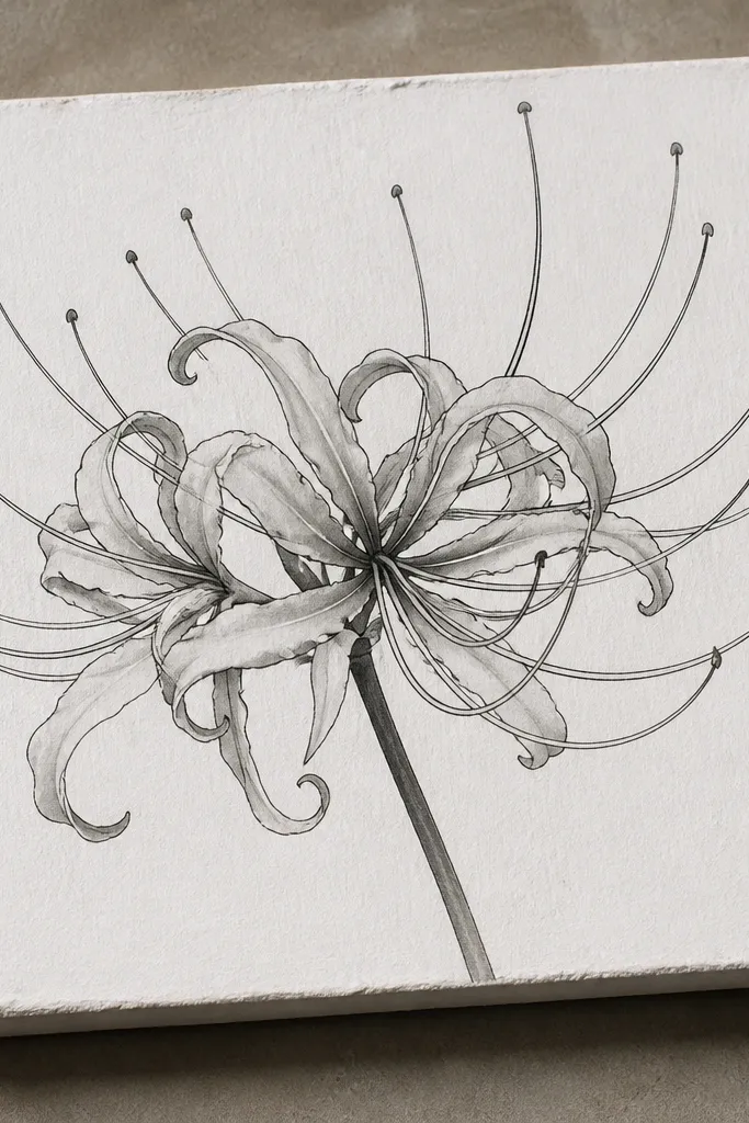 A spider lily drawn on a thick piece of cardboard coated in white gesso. The petals are outlined in dark ink with crisp edges, and the overlaps have grey wash shading. The center cluster is darker and more textured.