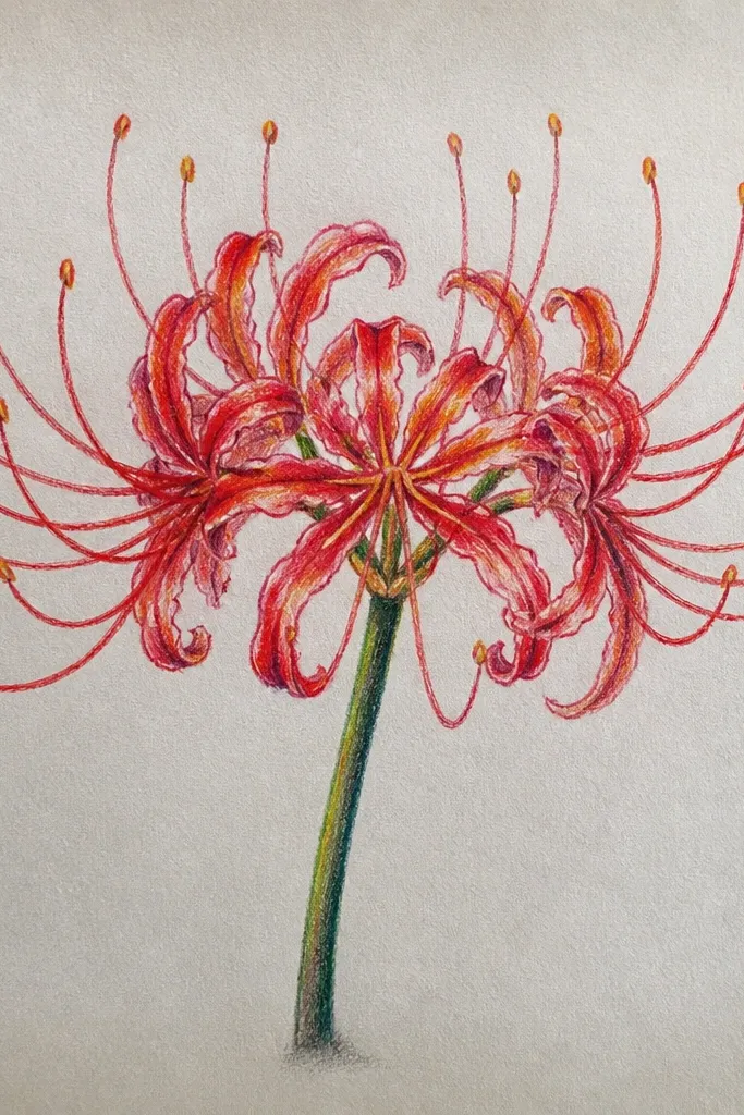 A spider lily drawn with pastel pencils. Petals show a pale gradient from light peach at the base to soft pink at the tips. Overlap areas are shaded with muted mauve, and stamens are lightly tinted.