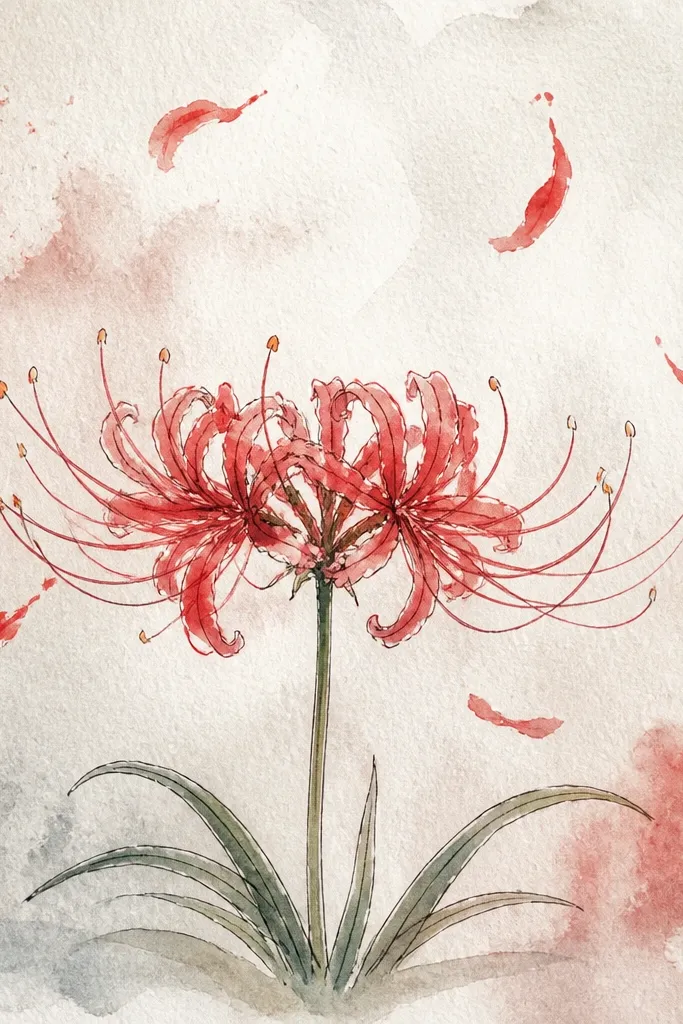 A spider lily bloom with several loose petals drawn around it, as if drifting. The petals are smaller, lighter, and slightly out of focus compared to the main flower. The center is crisp and darker.