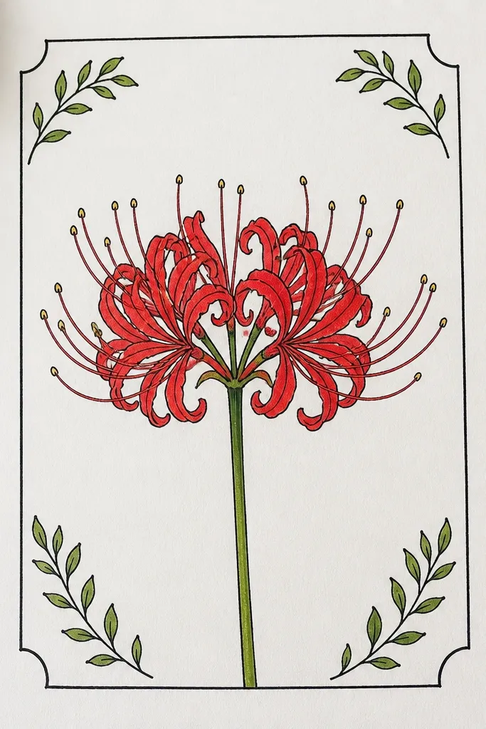A spider lily centered inside a loose botanical frame made of thin leaf sprigs. The spider lily petals are detailed, and the leaves are drawn as light linework with gentle shading.
