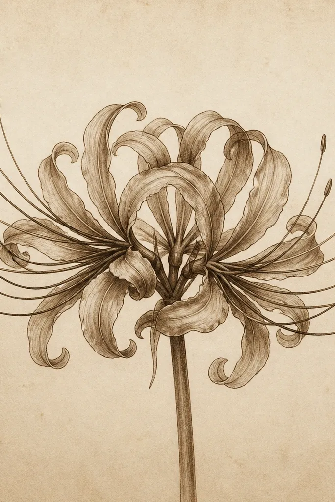 A spider lily drawing in sepia tones with a subtle grainy texture across the background. The petals are inked dark brown, overlaps are shaded in lighter sepia pencil, and the center has a darker vintage cluster.