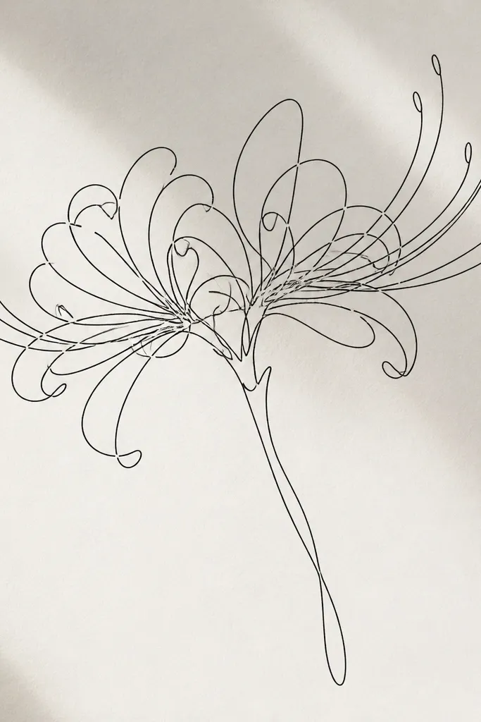 A single continuous line drawing of a spider lily. The petals are suggested by the line looping and crossing, with the stamens formed by repeated thin strokes at the center. There are no separate ink sections; it looks like one flowing gesture.