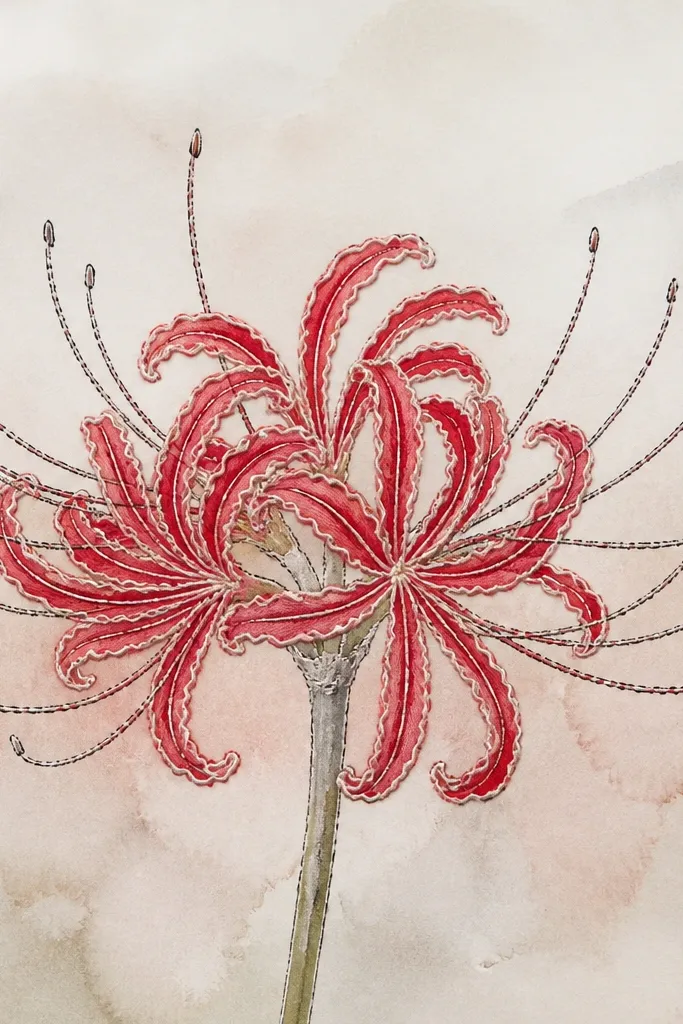 A spider lily drawing where the petal lines look like raised thread. The background has pale wash, and narrow white gaps run along petal edges like tape resist. Stamens are inked with tiny repeated strokes.