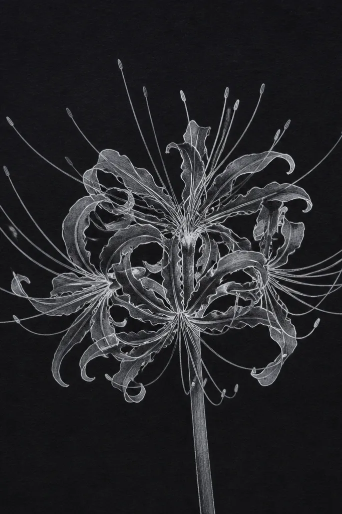 A spider lily drawn on black paper. The petals are outlined in white gel pen with grey graphite shading in overlap areas. The stamens radiate as fine white lines, and the center is a dense cluster of light marks.