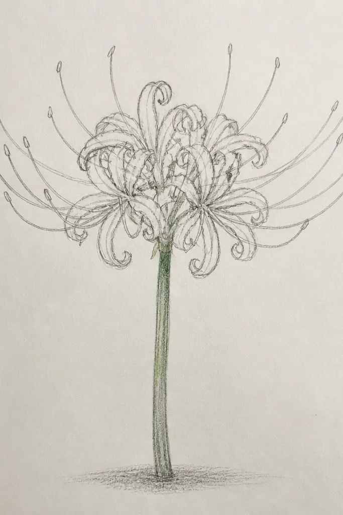A spider lily with a slender green stalk and a soft ground shadow beneath the flower. The petals are inked in grey-black, and the stalk is colored with muted green pencil. A faint shadow gives the bloom a grounded look.