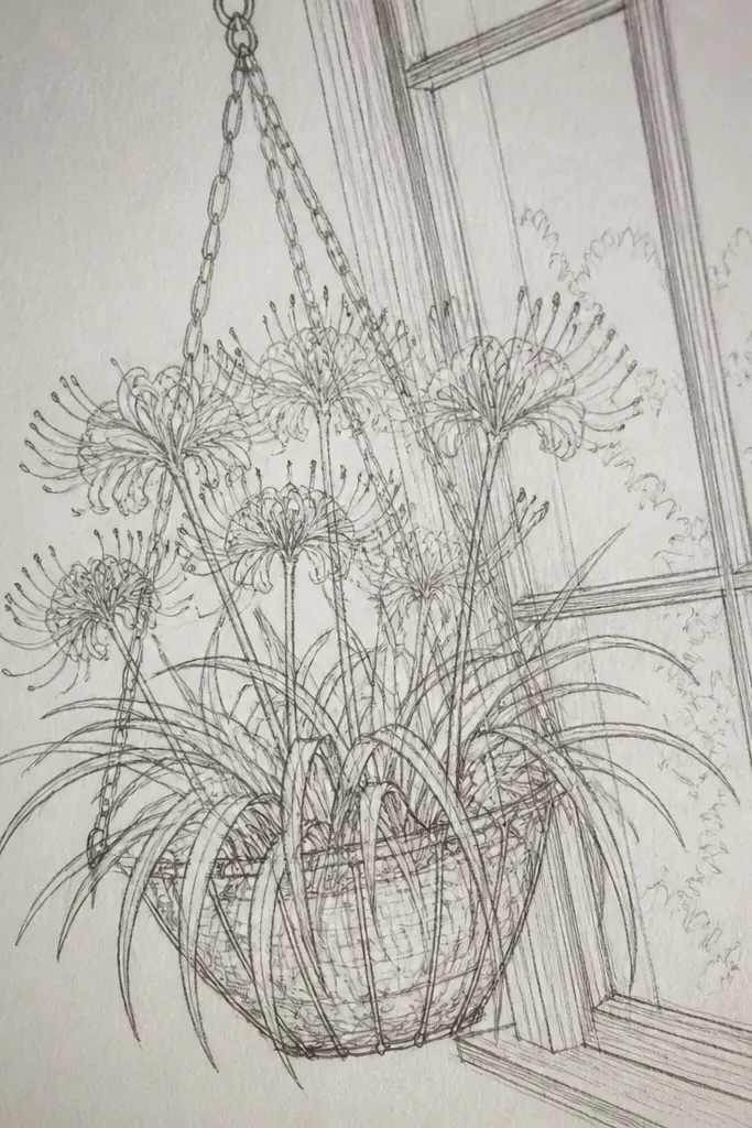 A spider lily drawn diagonally across a page like it's seen through a window. The petals stretch across the frame, and the stamens cluster at one corner. Simple border lines mimic window panes.