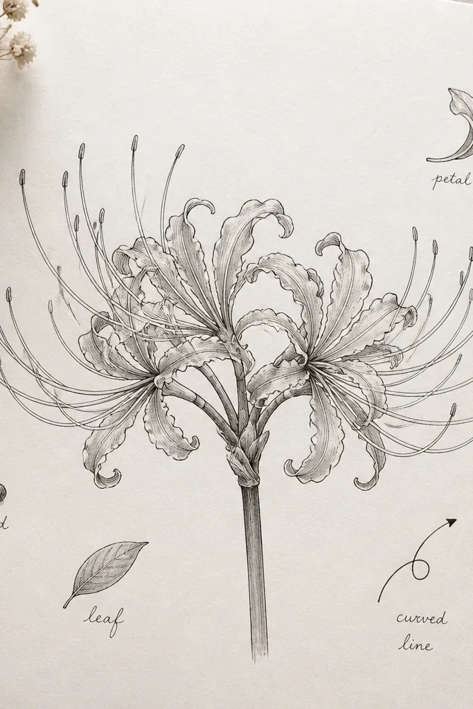 A spider lily drawing surrounded by small simple botanical icons like a tiny leaf, a seed dot, and a curved line arrow. There are tiny handwritten-style labels near the icons. The flower is detailed with ink and light grey shading.