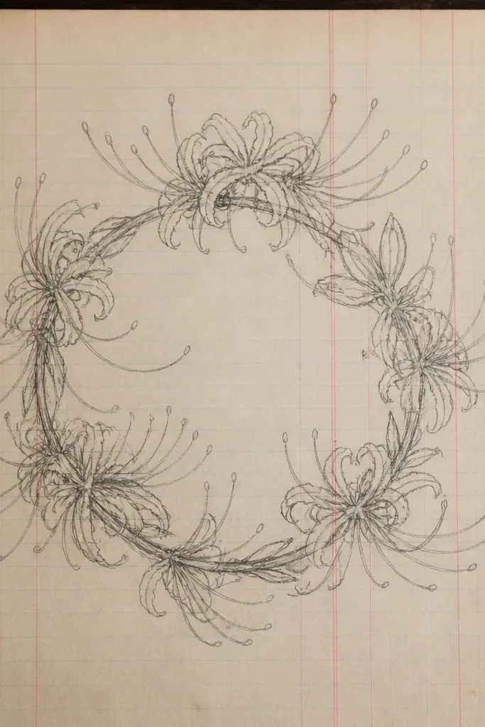 A crown-like arc of spider lilies drawn across the top of old ledger paper. Multiple small spider lilies form a repeating pattern, with petals tapering and crossing. The center of each flower is darker, and the rest is lighter.