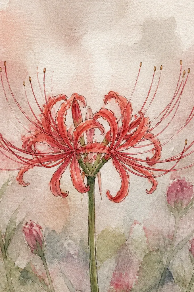 A spider lily in the foreground with a soft bokeh background made of faint pencil circles and tiny rosebud-like dots. The flower is sharply outlined and shaded, while the background marks are lighter and blurred.