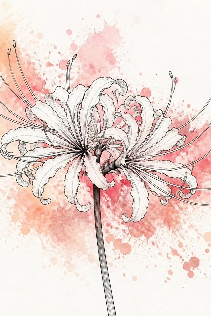 A spider lily outlined in clean black ink with minimal shading. The watercolor splatter texture appears only in the background behind and around the flower. Petals have crisp edges, and the center is darker and more defined.