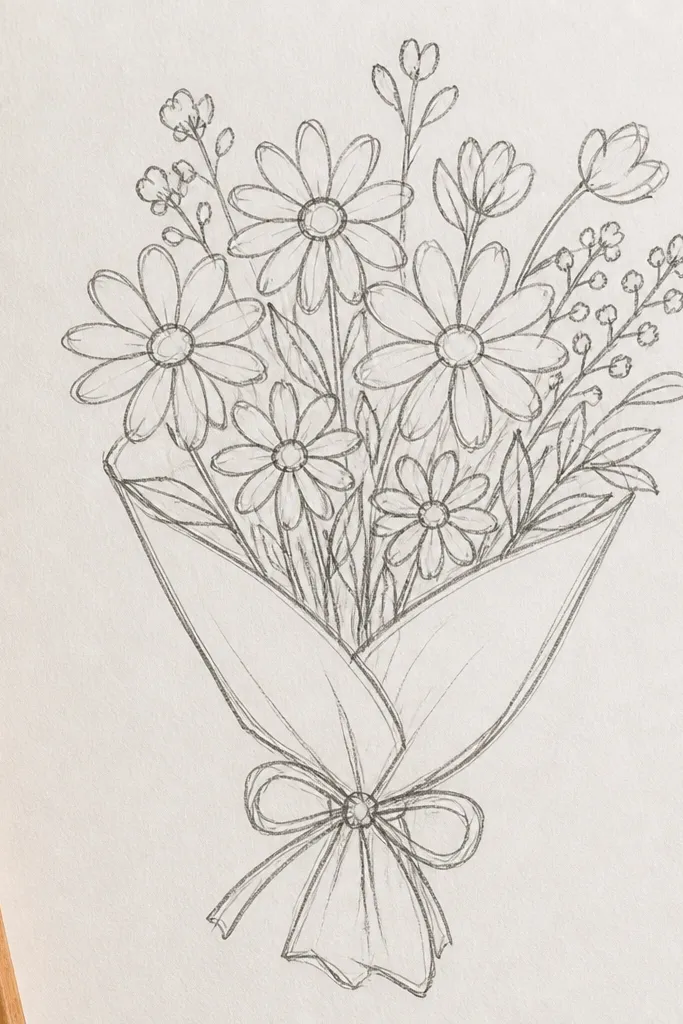 Three daisies in a vertical stack with round centers and simple stems