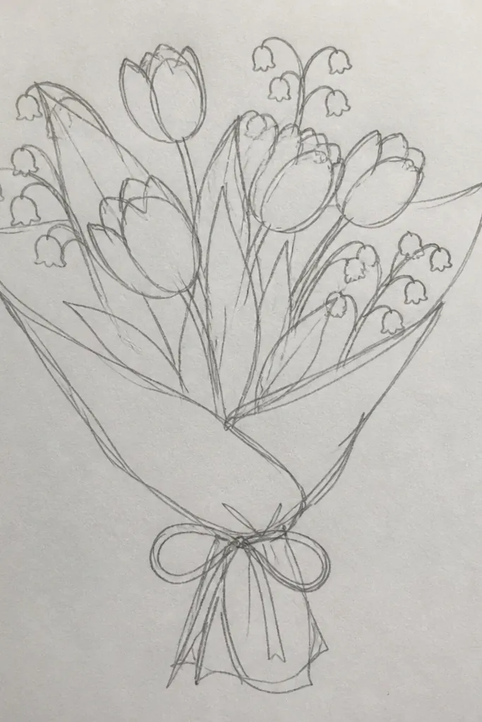 A group of tulips shaped like teardrops with curved stems and a few leaves