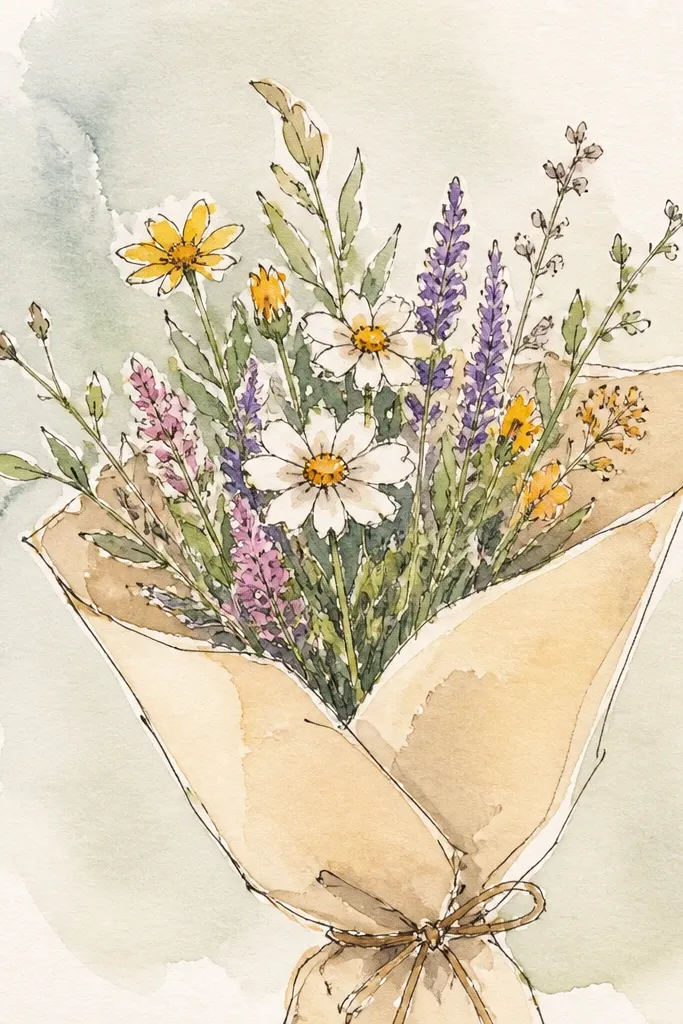 A bouquet of small wildflowers with thin stems and mixed flower shapes