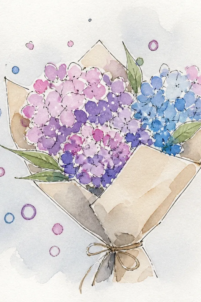 A round hydrangea-like flower cloud with small petal dots and a few stems