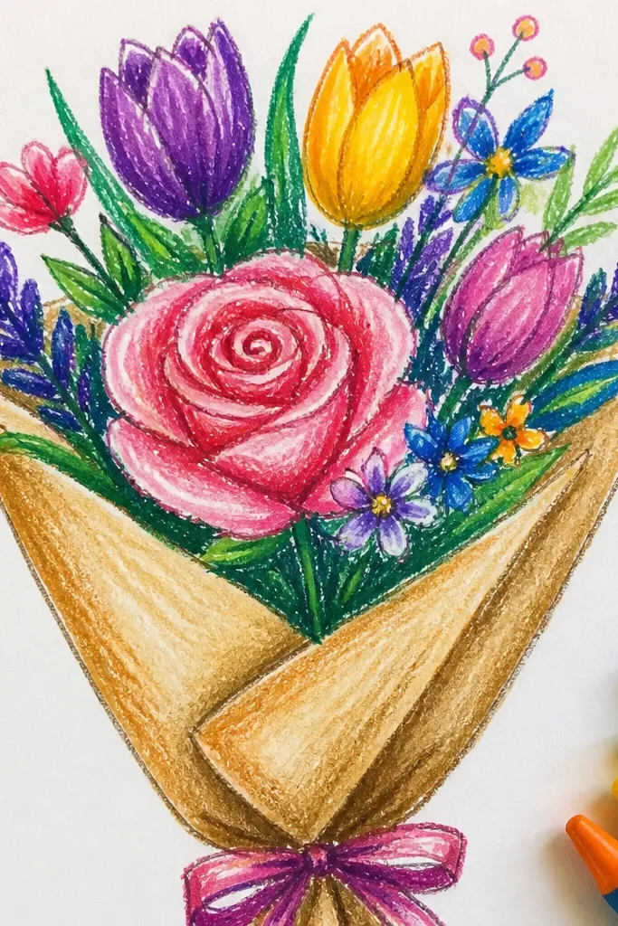 A rose with a spiral center and layered petals, plus simple leaves and stems