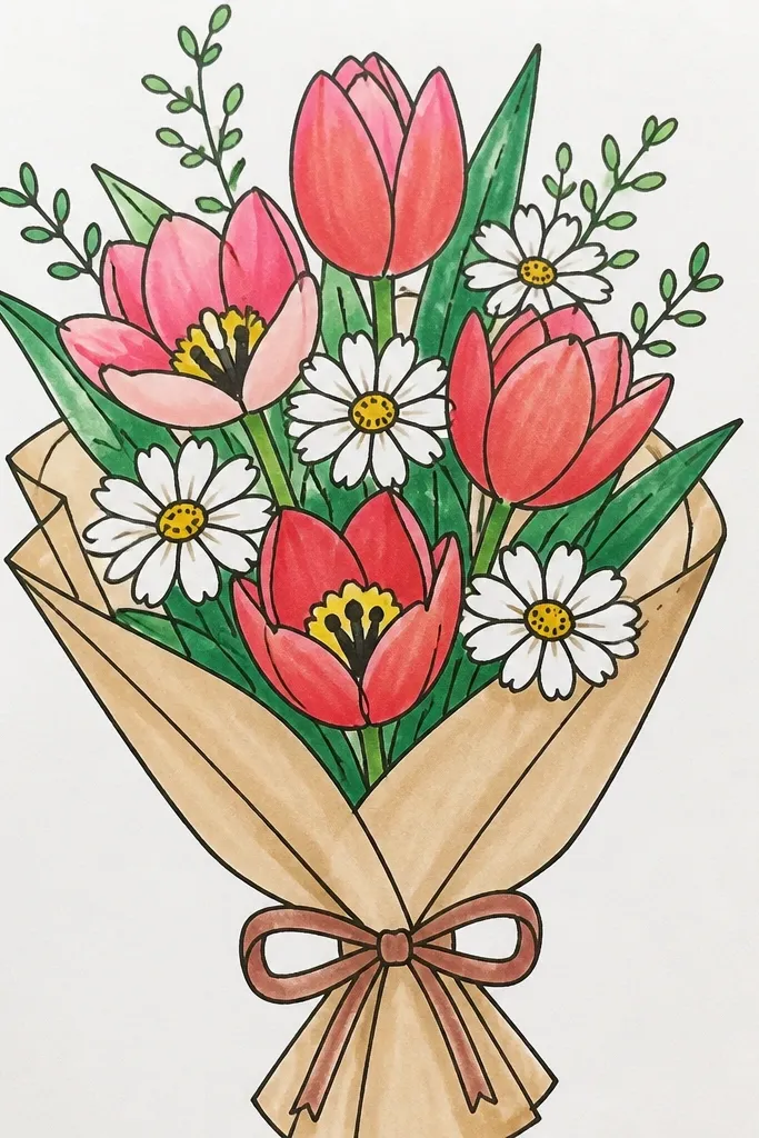 Tulips and daisies mixed together with simple stems and a few leaves