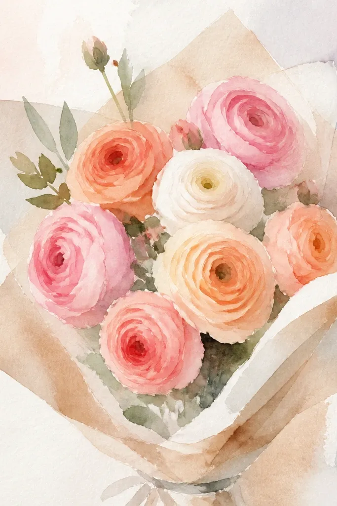 A ranunculus-like flower with many small rolled petals and a few stems