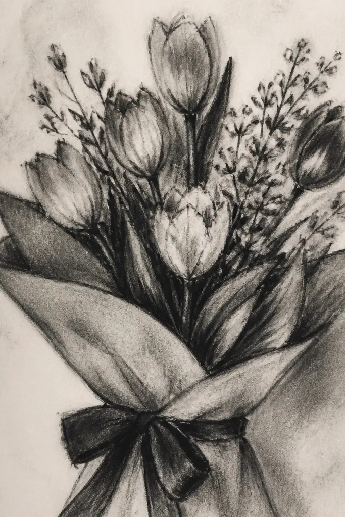 Flowers sitting above a ribbon bow with stems gathered at the bottom