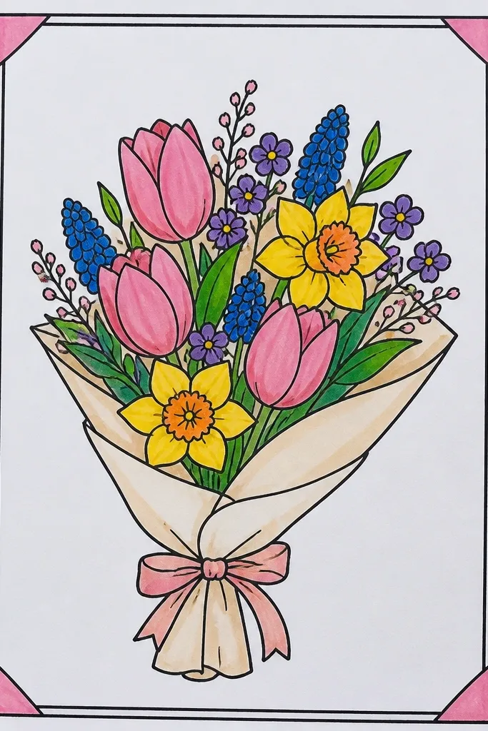 A page framed by small spring flowers in each corner with a simple bouquet center