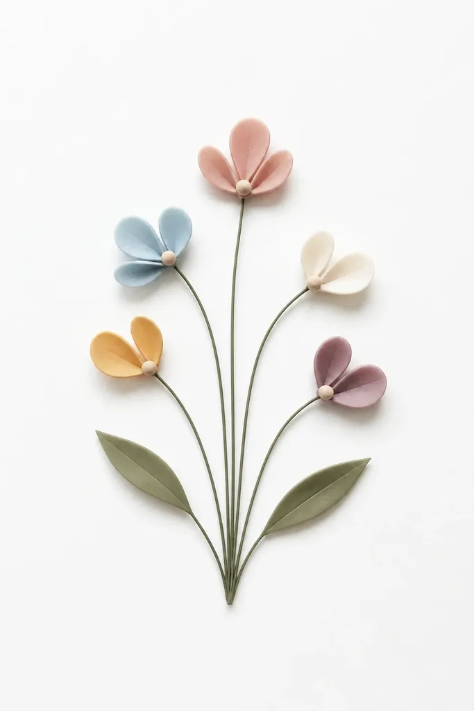 A clean white page shows a small bouquet made of five simple bud circles with short curved stems. Each bud has two or three teardrop petals around a tiny dot center. The stems meet at one point at the bottom, and two minimal leaves sit on the left and right.