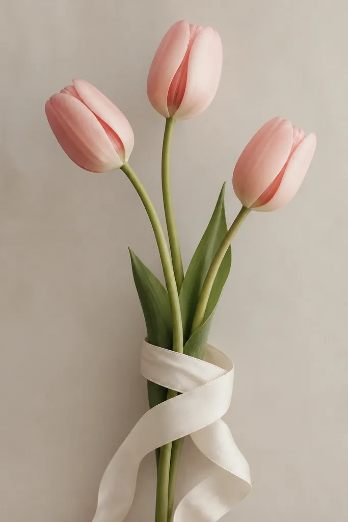 A vertical composition shows three tall tulips with long curved stems. Each tulip has a single cup-shaped petal outline with a darker inner fold. A light ribbon banner wraps around the stems at the bottom, with two loose ends flowing down.