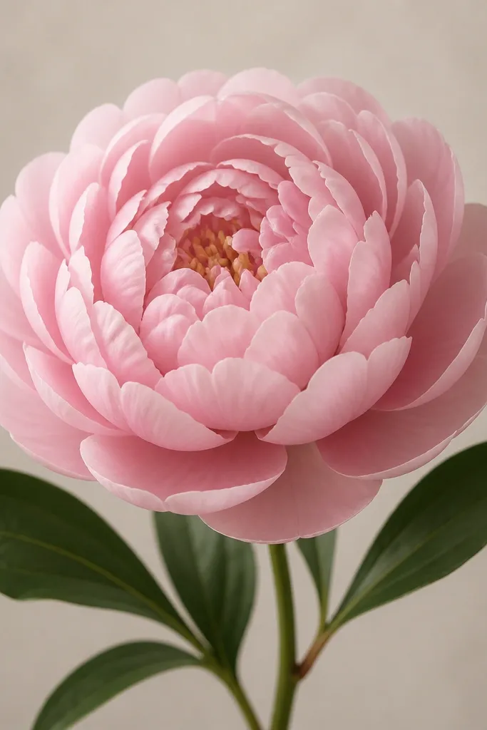 A rounded peony head fills the upper center. The petals are drawn as thick scalloped arcs, layered in three rings. Inside, there are small curled petals and a few short strokes suggesting stamens. Two side leaves extend outward.