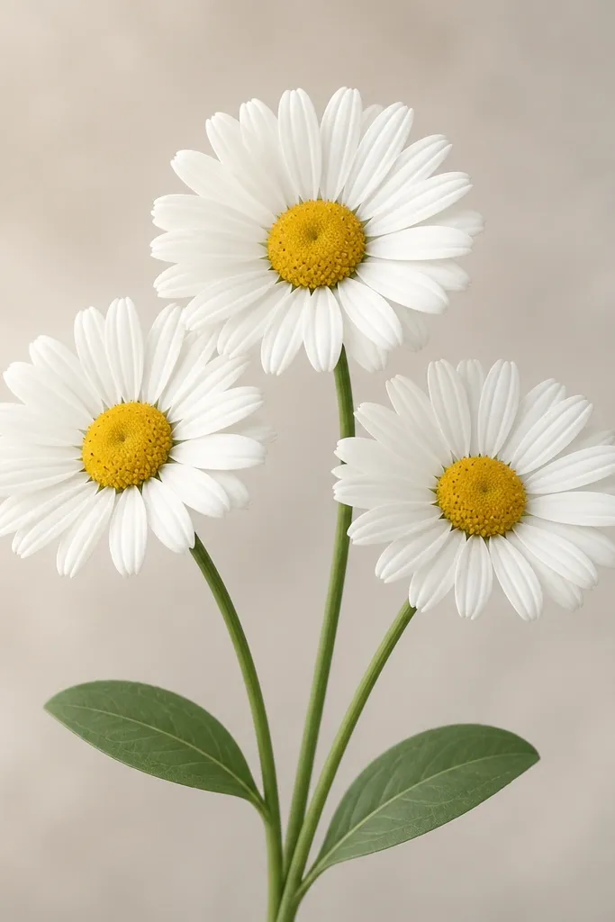 Three daisy heads sit on slightly curved stems. Each daisy has a bright yellow center drawn as a small circle with tiny specks, surrounded by evenly spaced white petals with tiny notches. Two leaves are drawn as simple ovals with one vein.