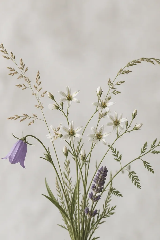 A small cluster of wildflowers rises from the bottom center. There are a few tiny star-shaped blooms, one small bell-like flower, and several thin stems with wispy leaf shapes. A loose arc suggests a stem bundle.