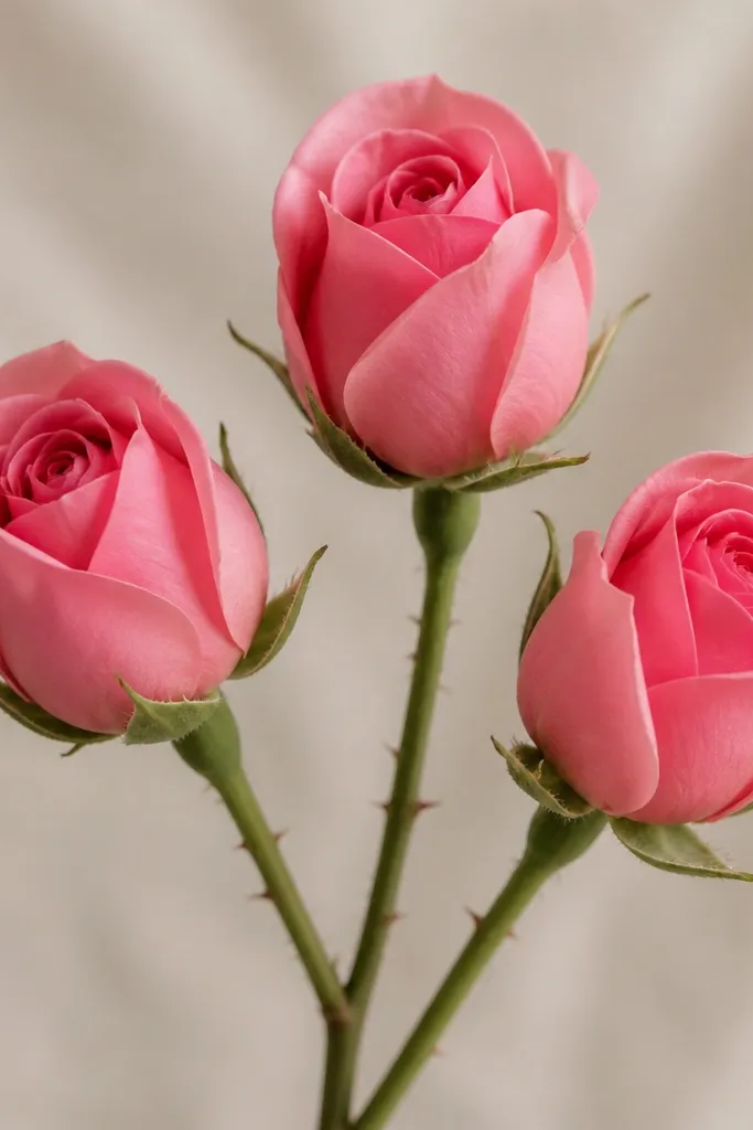 Three rose buds face outward. Each bud has layered curved petals drawn like overlapping commas. The outer petals are larger and rounder, while inner petals are tighter and curl toward the center. Stems are thin with small thorns suggested by short dashes.