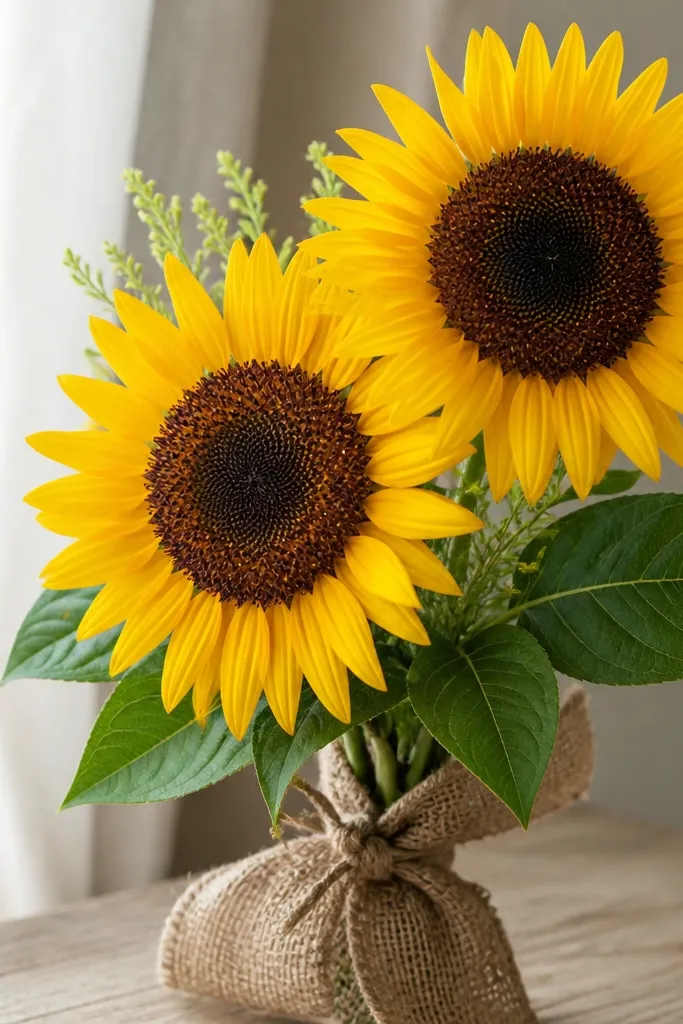 A small bouquet shows two sunflowers with big circular faces. Petals are long, narrow shapes radiating outward in warm yellow. The centers are dark brown with small spiral-like dots. Leaves are broad ovals with a central vein.