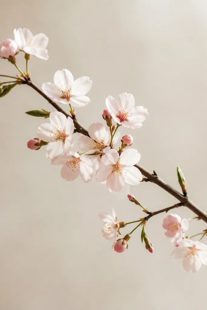 A gentle branch arc crosses the page diagonally. Clusters of small five-petal blossoms sit along the branch. Some blossoms are open, some look like tiny buds. A few small leaves are drawn as simple teardrops.