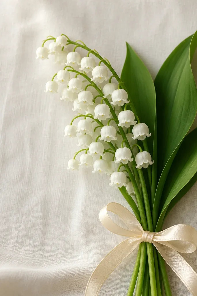 A bouquet of small bell flowers hangs from a curving stem. Each bell is drawn as a teardrop with a scalloped top edge. The bells cluster in a line down the stem like a waterfall. A ribbon bow wraps around the bottom stems.