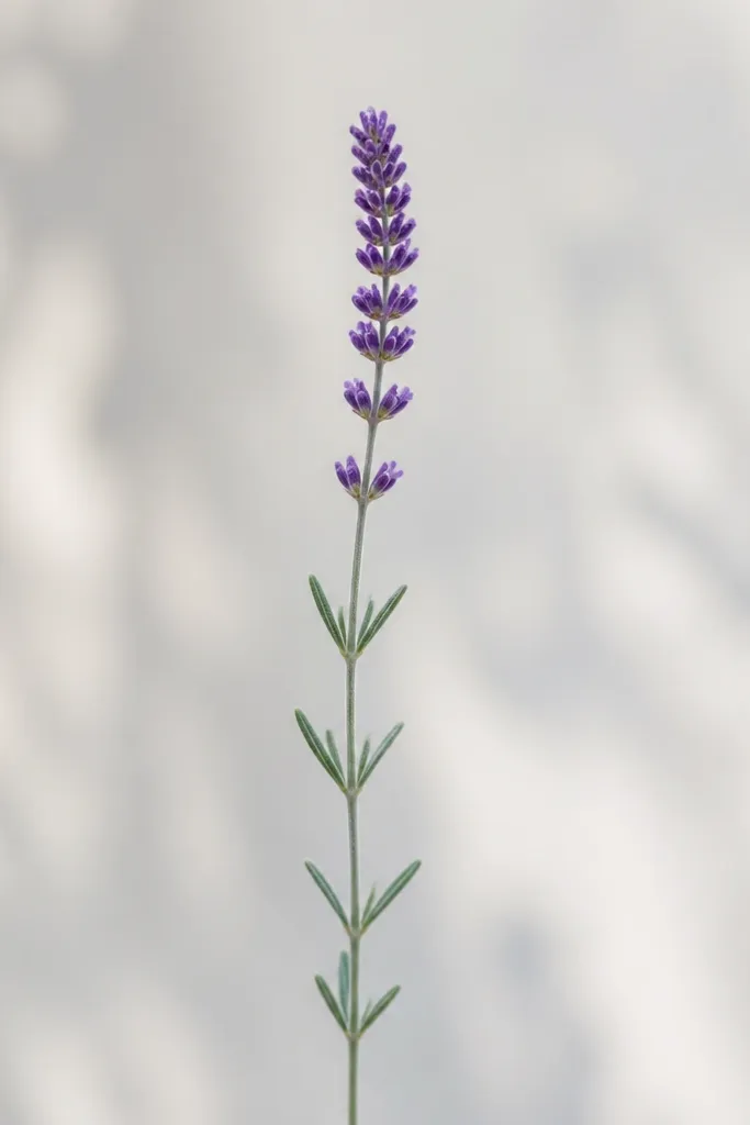 A slender lavender sprig rises from the bottom. The stem is a long line with small leaf pairs along it. The flower head is a vertical series of tiny purple buds drawn as short ovals stacked closely.