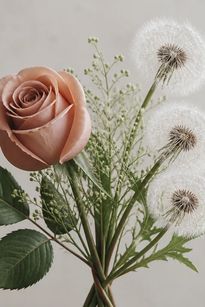A bouquet with one larger rose bud on the left and a few dandelion puffs on the right. The dandelions have tiny seed lines radiating outward, while the rose is made of curled petal commas. Stems twist slightly as they meet at the bottom.