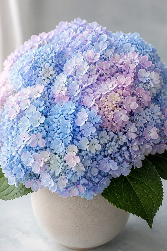 A rounded cluster of many tiny flower dots forms a hydrangea cloud. The petals are suggested by small circles and teardrops packed closely. A few larger leaf shapes sit at the base. The shading is soft and patchy, like watercolor.