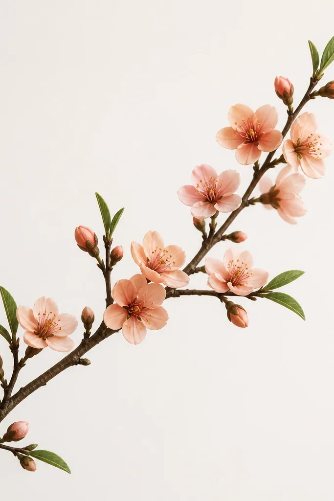 A curved branch holds peach-colored blossoms and small buds. Blossoms are small five-petal shapes with a darker center, and buds are tight teardrops. A few leaves appear as narrow ovals with a single vein. The background is left blank for contrast.