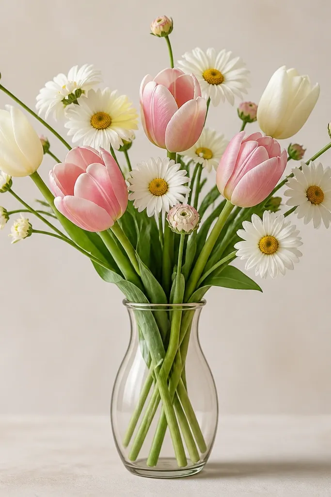 A light vase outline sits at the bottom center. Three flower types spill from it: tulips, daisies, and a couple small buds. The vase has a subtle rim line and a faint shadow under it. Stems overlap inside the vase opening.
