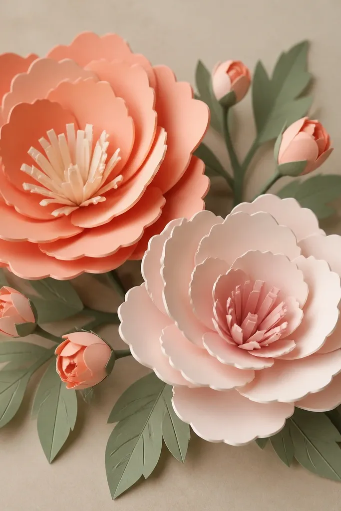 A bouquet of two big flowers and several small buds looks like paper cutouts. Petals are drawn with scalloped edges and slight waves. Between petals, there are clean gaps that look like paper layers. Leaves are simple with a soft vein line.