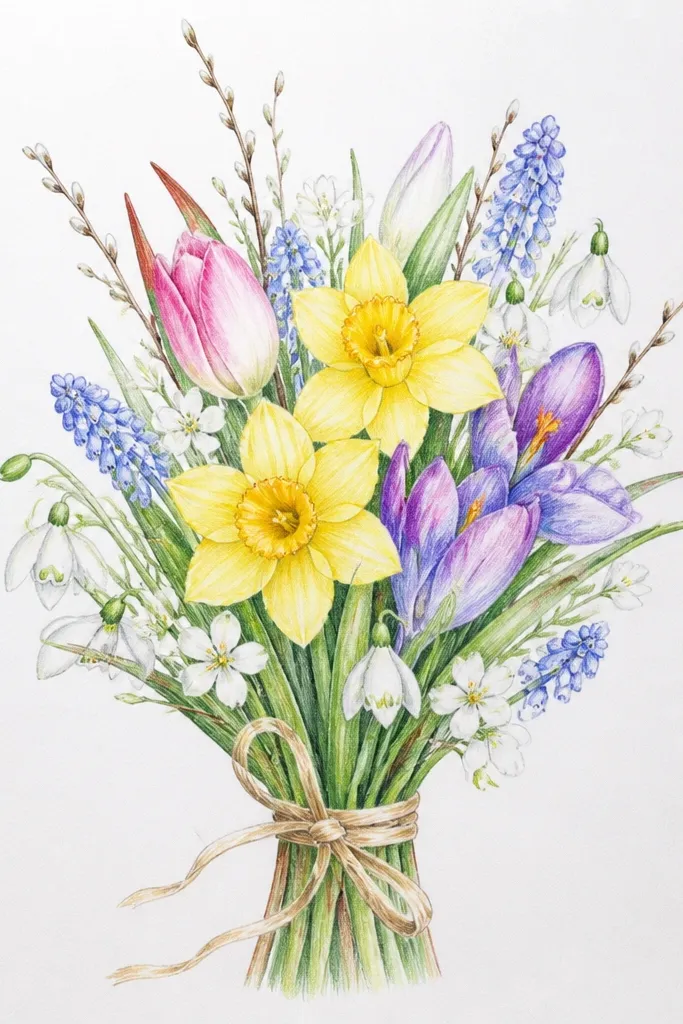 Spring flower bouquet drawing easy