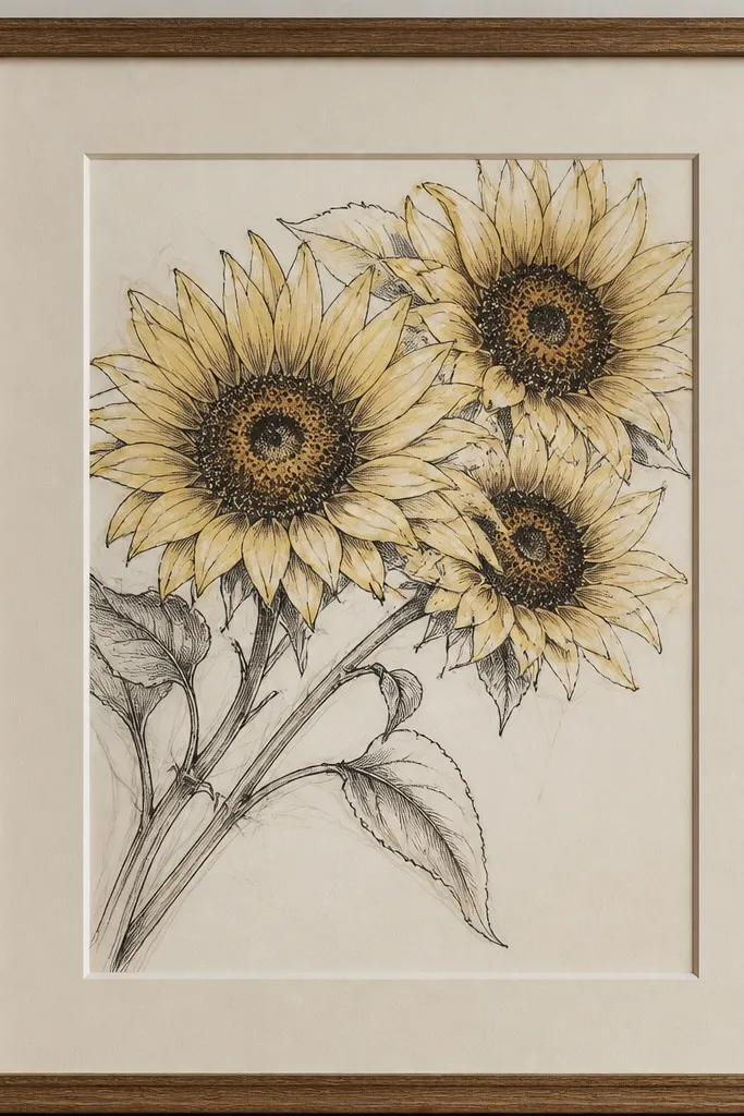 A framed drawing inside a pale cream mat. Sunflowers fill the top half with dark ink outlines, light yellow petals, and a speckled brown center. Stems cross at the lower left, and the paper shows subtle pencil guides under the pen lines.