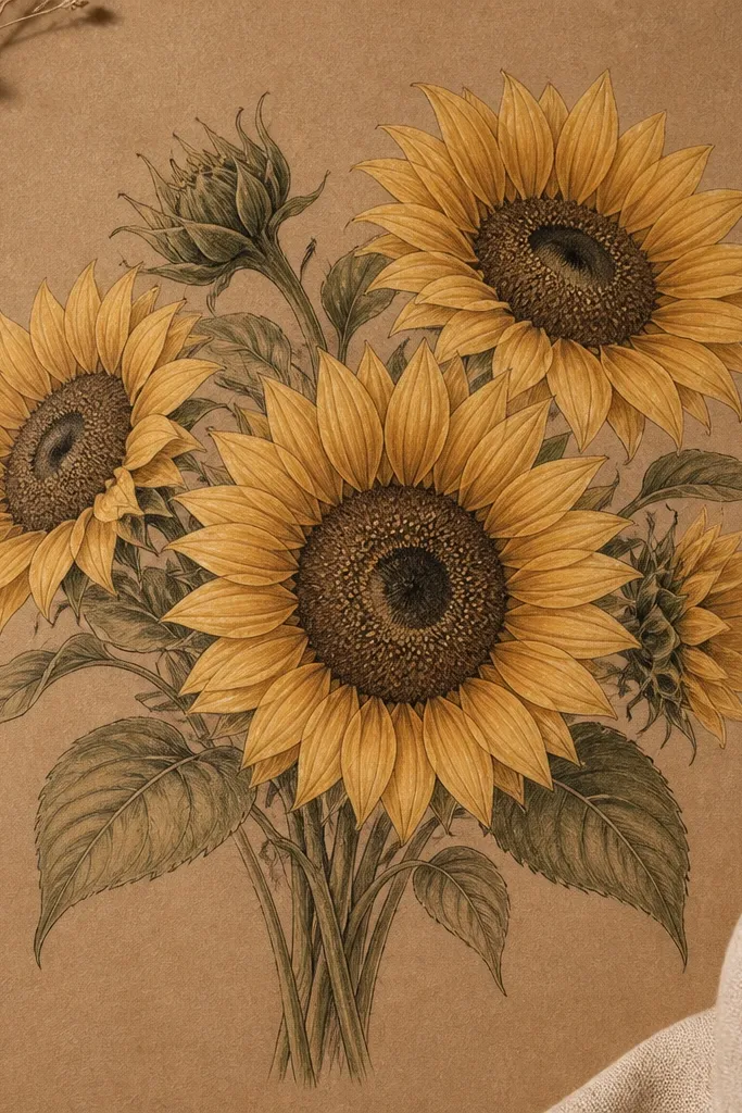 A sunflower bouquet drawing on brown kraft paper. Petals are warm yellow with darker ochre taps near the center. The background stays mostly brown, and the center looks textured with stippling and a darker ring.